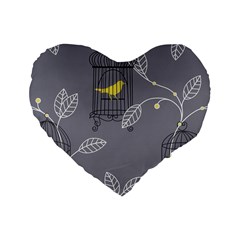 Cagr Bird Leaf Grey Yellow Standard 16  Premium Heart Shape Cushions by Mariart