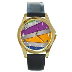 Colorful Geometry Shapes Line Green Grey Pirple Yellow Blue Round Gold Metal Watch by Mariart