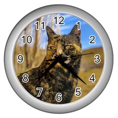 Adult Wild Cat Sitting And Watching Wall Clocks (silver)  by dflcprints