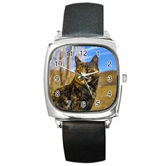 Adult Wild Cat Sitting And Watching Square Metal Watch by dflcprints