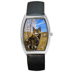 Adult Wild Cat Sitting And Watching Barrel Style Metal Watch by dflcprints