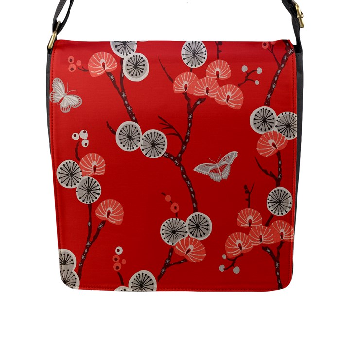 Dandelions Red Butterfly Flower Floral Flap Messenger Bag (L) 