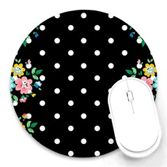 Flower Frame Floral Polkadot White Black Round Mousepads by Mariart