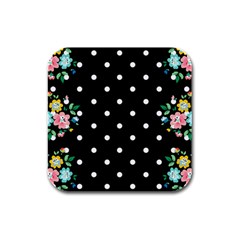 Flower Frame Floral Polkadot White Black Rubber Square Coaster (4 Pack) 