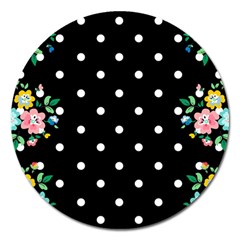 Flower Frame Floral Polkadot White Black Magnet 5  (round)