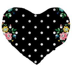 Flower Frame Floral Polkadot White Black Large 19  Premium Heart Shape Cushions by Mariart