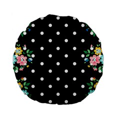 Flower Frame Floral Polkadot White Black Standard 15  Premium Flano Round Cushions by Mariart