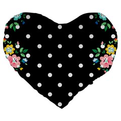 Flower Frame Floral Polkadot White Black Large 19  Premium Flano Heart Shape Cushions by Mariart