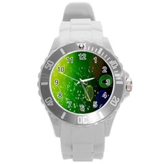 Geometric Shapes Letters Cubes Green Blue Round Plastic Sport Watch (l) by Mariart