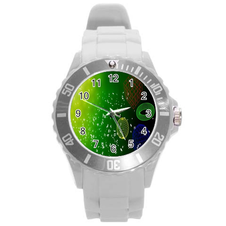 Geometric Shapes Letters Cubes Green Blue Round Plastic Sport Watch (L)