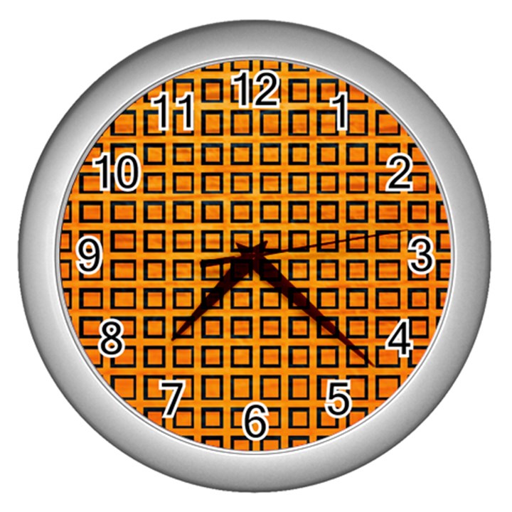 Halloween Squares Plaid Orange Wall Clocks (Silver) 