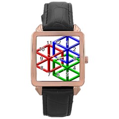 Impossible Cubes Red Green Blue Rose Gold Leather Watch 