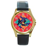 Plaid Red Sign Orange Blue Round Gold Metal Watch Front