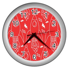 Moon Red Rocket Space Wall Clocks (silver)  by Mariart