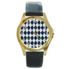 Plaid Pattern Round Gold Metal Watch by Valentinaart