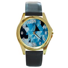 Plane And Solid Geometry Charming Plaid Triangle Blue Black Round Gold Metal Watch by Mariart