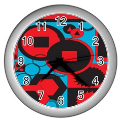 Stancilm Circle Round Plaid Triangle Red Blue Black Wall Clocks (silver)  by Mariart