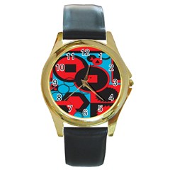 Stancilm Circle Round Plaid Triangle Red Blue Black Round Gold Metal Watch by Mariart