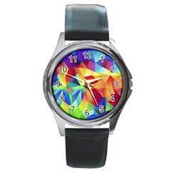 Triangles Space Rainbow Color Round Metal Watch by Mariart