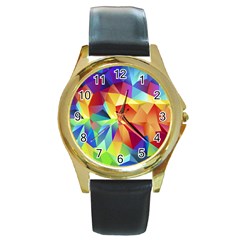 Triangles Space Rainbow Color Round Gold Metal Watch by Mariart