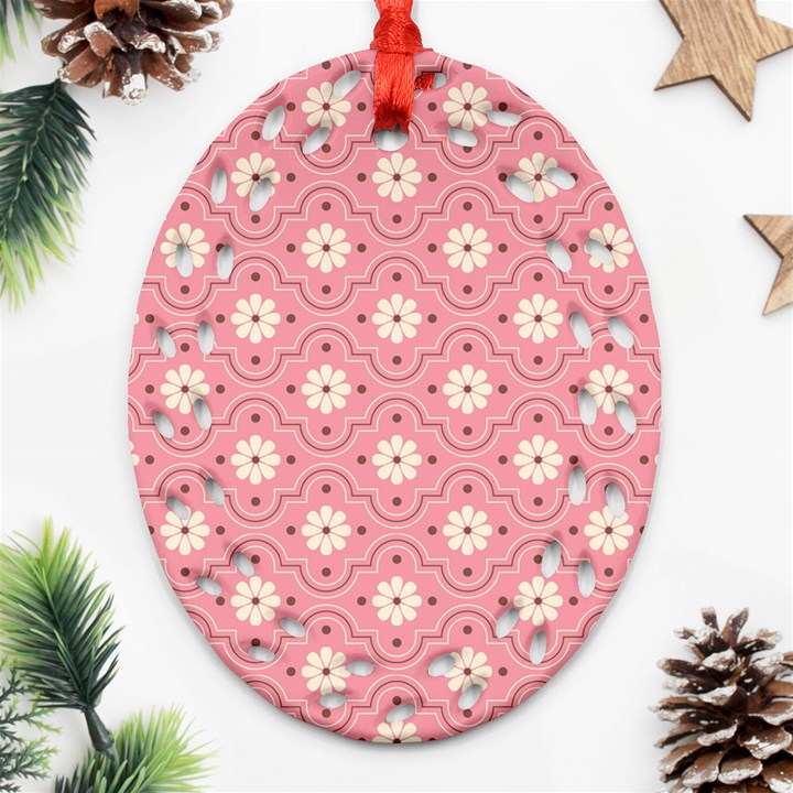 Sunflower Star White Pink Chevron Wave Polka Ornament (Oval Filigree)