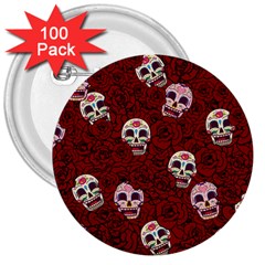 Funny Skull Rosebed 3  Buttons (100 Pack)  by designworld65