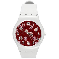 Funny Skull Rosebed Round Plastic Sport Watch (m) by designworld65