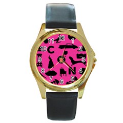 Car Plan Pinkcover Outside Round Gold Metal Watch by Mariart