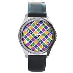 African Illutrations Plaid Color Rainbow Blue Green Yellow Purple White Line Chevron Wave Polkadot Round Metal Watch by Mariart