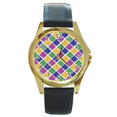 African Illutrations Plaid Color Rainbow Blue Green Yellow Purple White Line Chevron Wave Polkadot Round Gold Metal Watch by Mariart