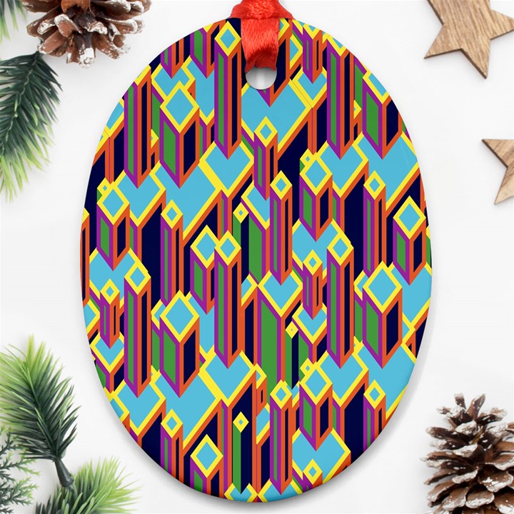 Building City Plaid Chevron Wave Blue Green Ornament (Oval)