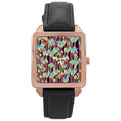 Building City Plaid Chevron Wave Blue Green Rose Gold Leather Watch 