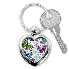 Butterfly Animals Fly Purple Green Blue Polkadot Flower Floral Star Key Chains (heart)  by Mariart