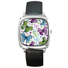 Butterfly Animals Fly Purple Green Blue Polkadot Flower Floral Star Square Metal Watch by Mariart