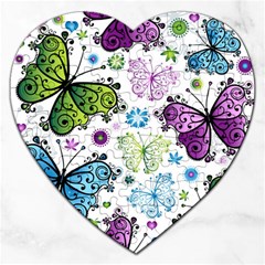 Butterfly Animals Fly Purple Green Blue Polkadot Flower Floral Star Jigsaw Puzzle (heart) by Mariart