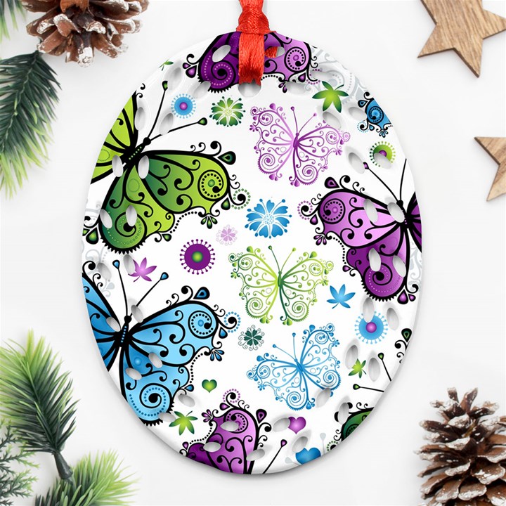 Butterfly Animals Fly Purple Green Blue Polkadot Flower Floral Star Oval Filigree Ornament (Two Sides)