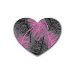 Feathers Quill Pink Grey Rubber Coaster (heart)  by Mariart