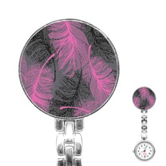 Feathers Quill Pink Grey Stainless Steel Nurses Watch by Mariart