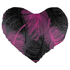 Feathers Quill Pink Grey Large 19  Premium Flano Heart Shape Cushions by Mariart