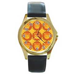 Cute Lion Face Orange Yellow Animals Round Gold Metal Watch