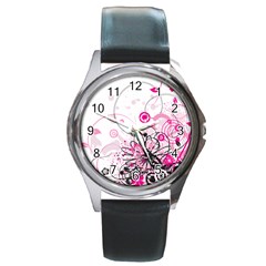 Wreaths Frame Flower Floral Pink Black Round Metal Watch by Mariart