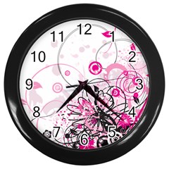 Wreaths Frame Flower Floral Pink Black Wall Clocks (black) by Mariart