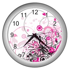 Wreaths Frame Flower Floral Pink Black Wall Clocks (silver)  by Mariart