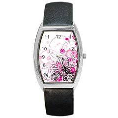 Wreaths Frame Flower Floral Pink Black Barrel Style Metal Watch by Mariart