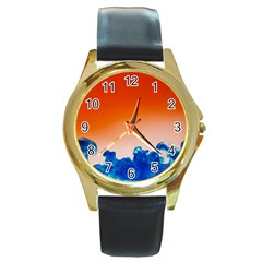 Simulate Weather Fronts Smoke Blue Orange Round Gold Metal Watch by Mariart