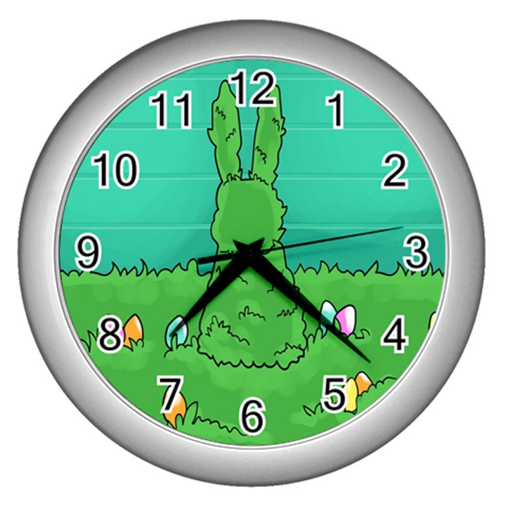 Rabbit Easter Green Blue Egg Wall Clocks (Silver) 