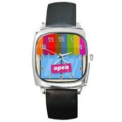 Store Open Color Rainbow Glass Orange Red Blue Brown Green Pink Square Metal Watch by Mariart