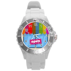 Store Open Color Rainbow Glass Orange Red Blue Brown Green Pink Round Plastic Sport Watch (l) by Mariart