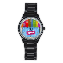 Store Open Color Rainbow Glass Orange Red Blue Brown Green Pink Stainless Steel Round Watch by Mariart