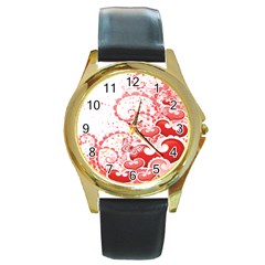 Love Heart Butterfly Pink Leaf Flower Round Gold Metal Watch by Mariart